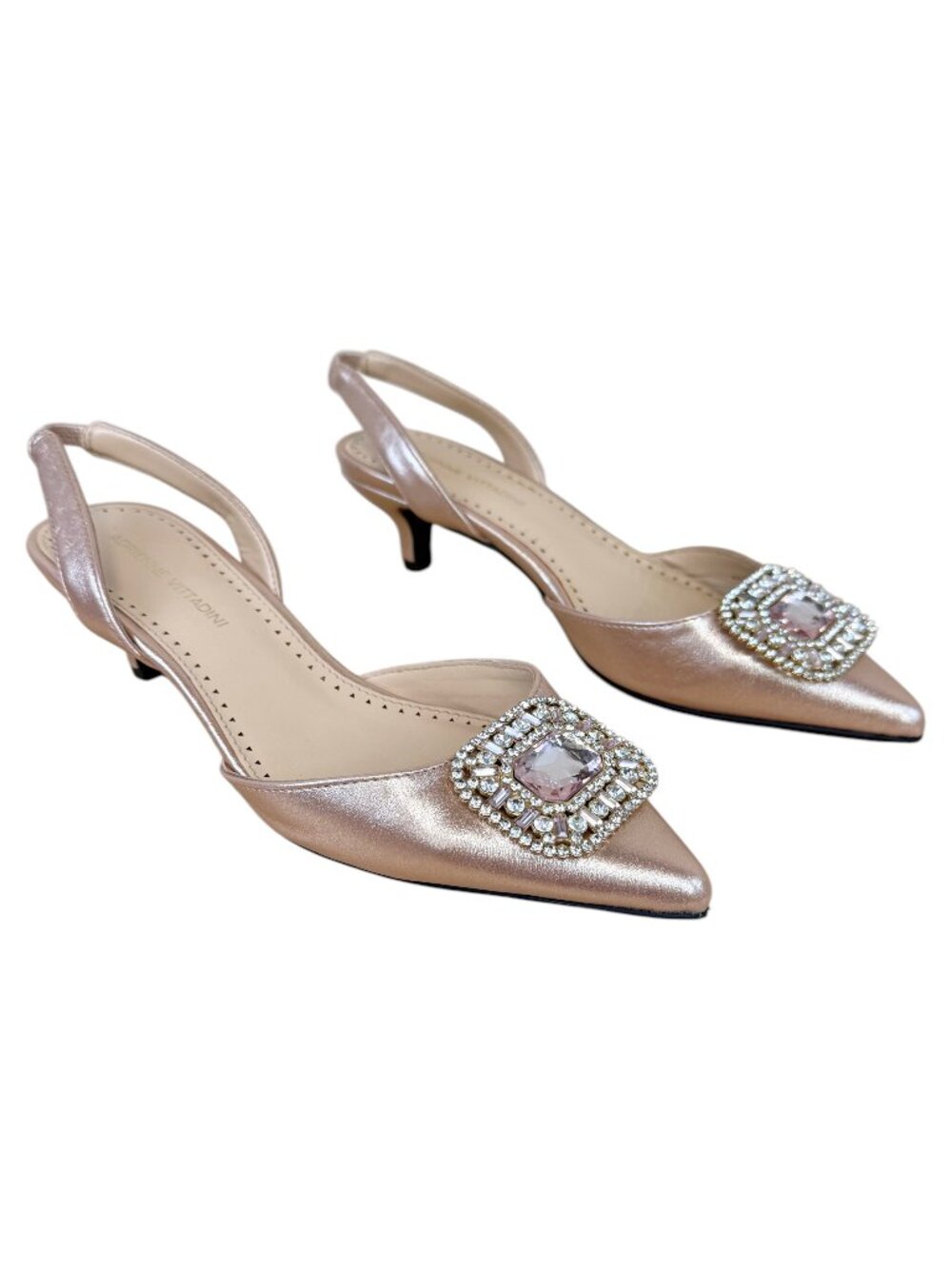 Adrienne Vittadini Kitten Heels Pink Metallic Rhinestone Brooch Pointy Toe (8.5)
